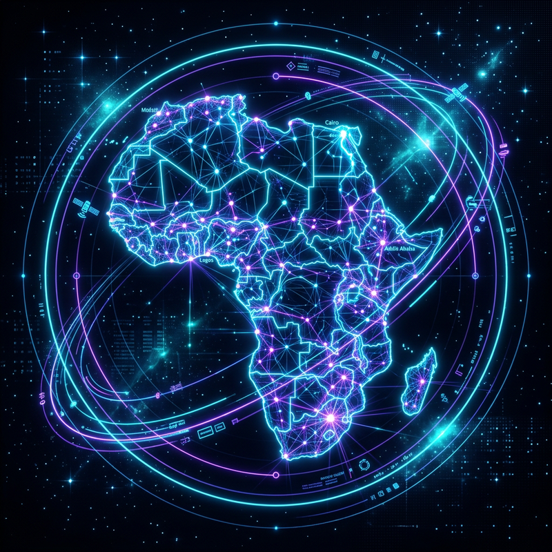 High-tech glowing map of Africa with interconnected nodes and orbital rings, rendered in cyan and purple neon tones against a black background.