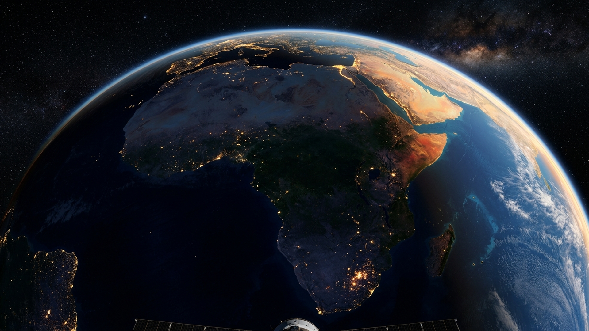 A photorealistic view of the African continent from low-earth orbit, featuring glowing city lights and a subtle sunrise terminator line.